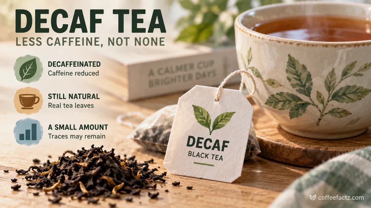 Macro documentary photo of a decaf tea bag tag and loose decaf leaf beside a brewed cup, illustrating residual caffeine variability.
