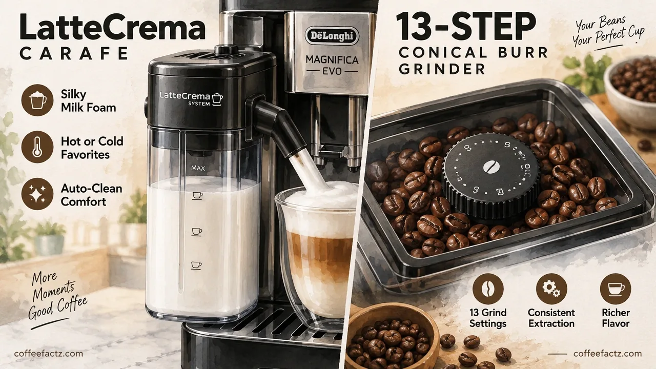 Close-up infographic of De'Longhi Magnifica Evo LatteCrema carafe and 13-step conical burr grinder with medium-roast beans.