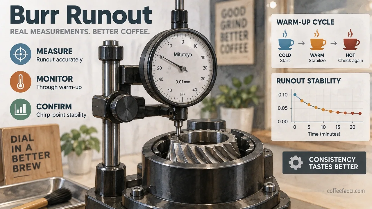 Dial indicator mounted against a burr carrier to measure runout and chirp-point stability during warm-up.
