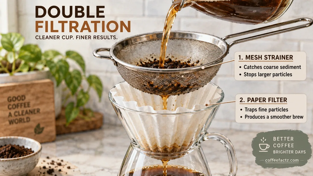 Double-filtration setup with cheesecloth over paper filter, visible sediment in first stage, bright studio infographic style.