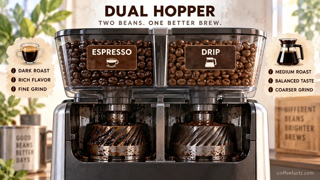 Dual-hopper bean compartment with separate espresso and drip beans and oily dark-roast residue on burrs