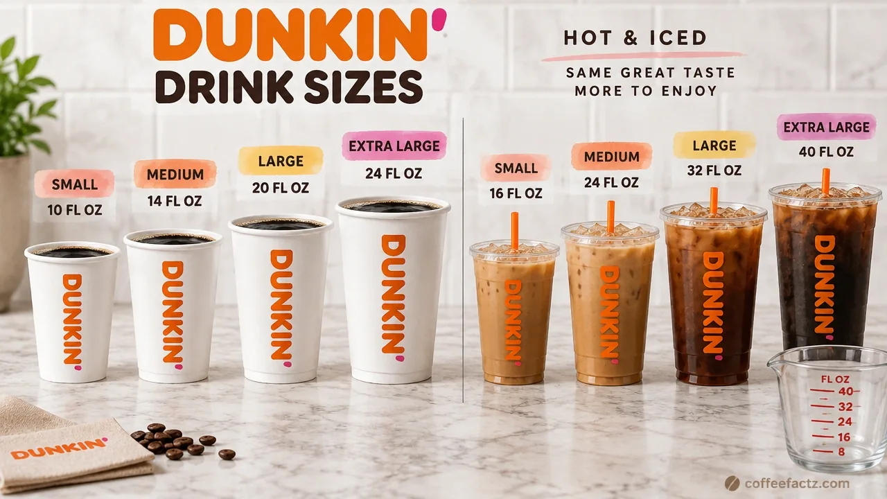 Dunkin Caffeine Content: The Complete Menu Chart for Every Drink and Size 8 Overhead infographic of Dunkin hot and iced cup sizes with ounce markings for Small, Medium, Large and Extra Large.