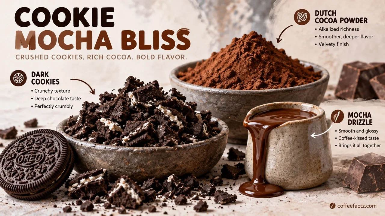 Macro view of crushed dark chocolate sandwich cookies, alkalized Dutch cocoa powder, and glossy mocha drizzle with texture.