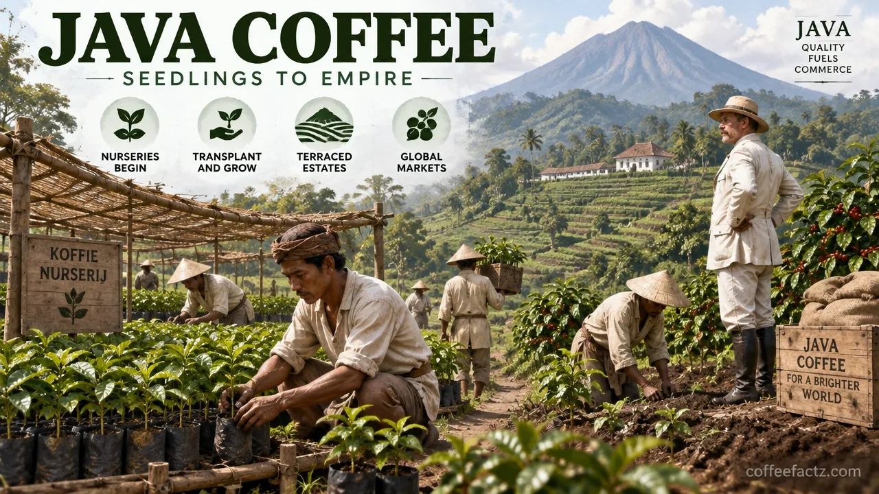 Dutch colonial coffee seedling nursery in Java with terraced estates and workers transplanting young plants.
