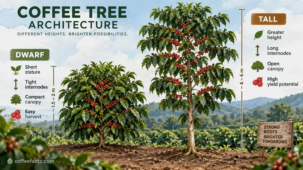 Documentary infographic comparing dwarf and tall coffee tree architecture with internode spacing and canopy structure.