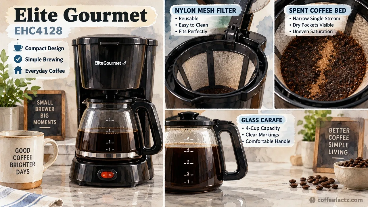 The Best 4-Cup Coffee Pots, Tested Against the Physics of Small-Batch Brewing 14 Elite Gourmet EHC4128 compact drip coffee maker with glass carafe, mesh filter, and spent coffee bed showing dry pockets.