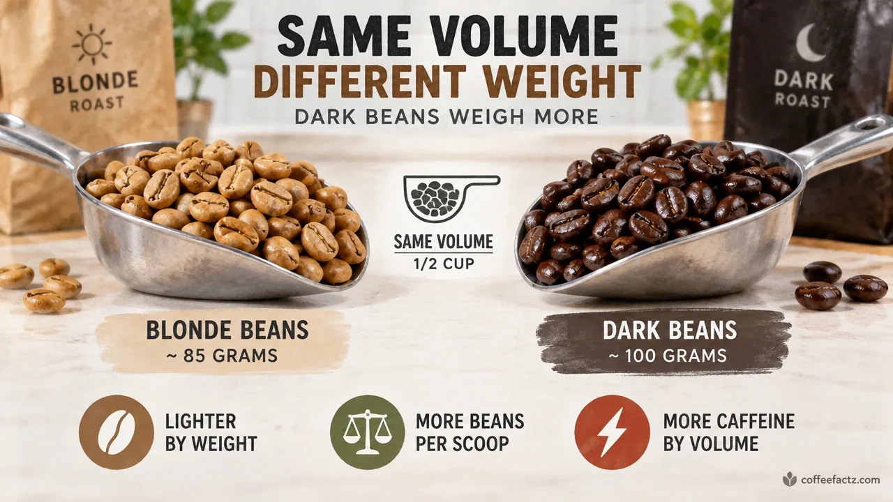 Equal-volume scoops of blonde and dark coffee beans showing mass difference from density retention mechanisms.