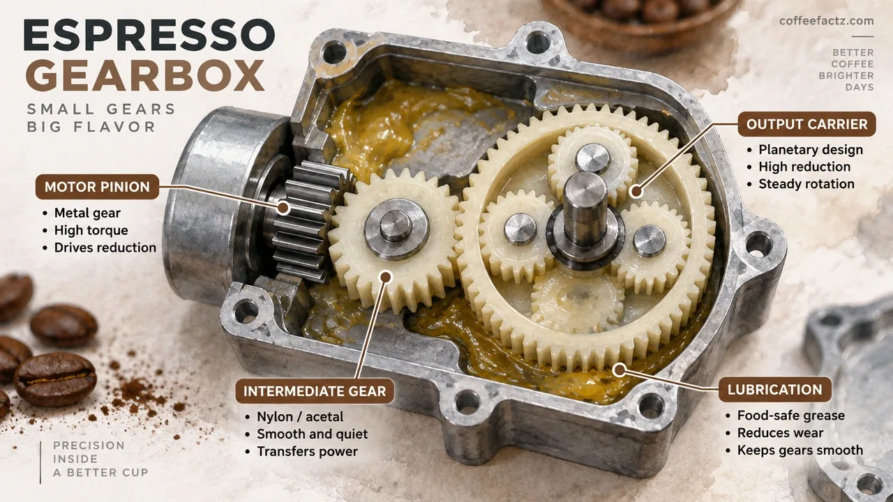 Macro view of opened espresso grinder reduction gearbox with nylon and acetal gears, metal pinion, output carrier, and grease