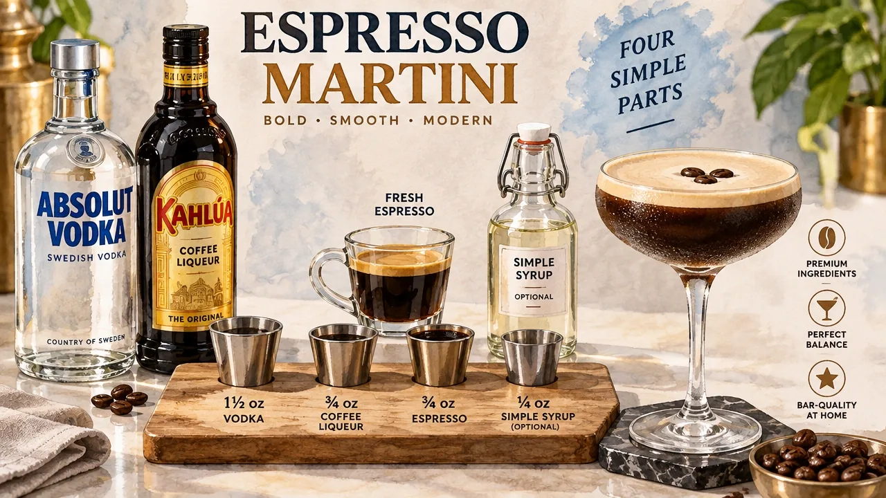 Vodka, coffee liqueur, fresh espresso, and simple syrup measured in a jigger beside a chilled coupe.