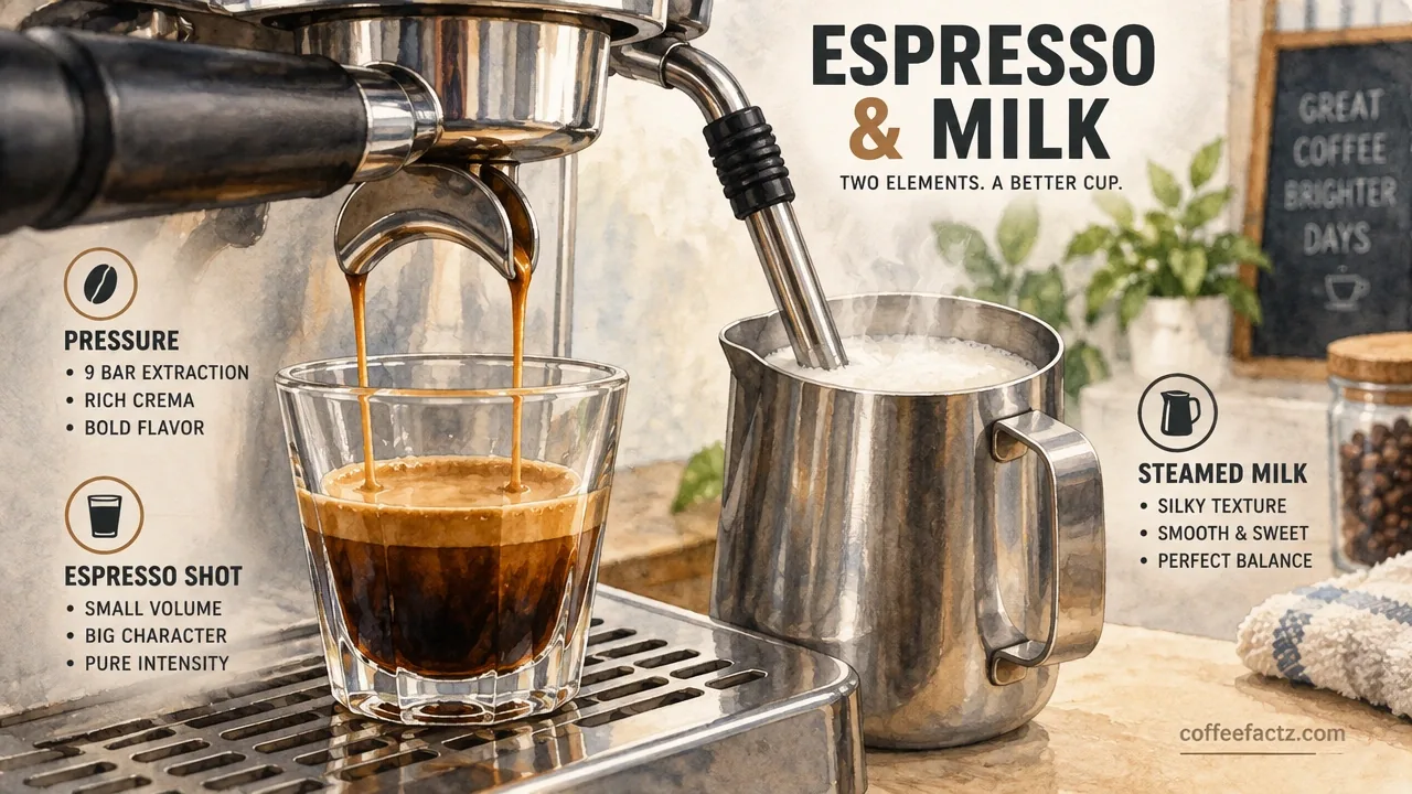 Frappe vs Latte: 10 Real Differences Between These Two Coffee Drinks 8 Close-up espresso shot pulling into a small glass beside a steam wand and milk pitcher, showing latte's pressure-brewed base.