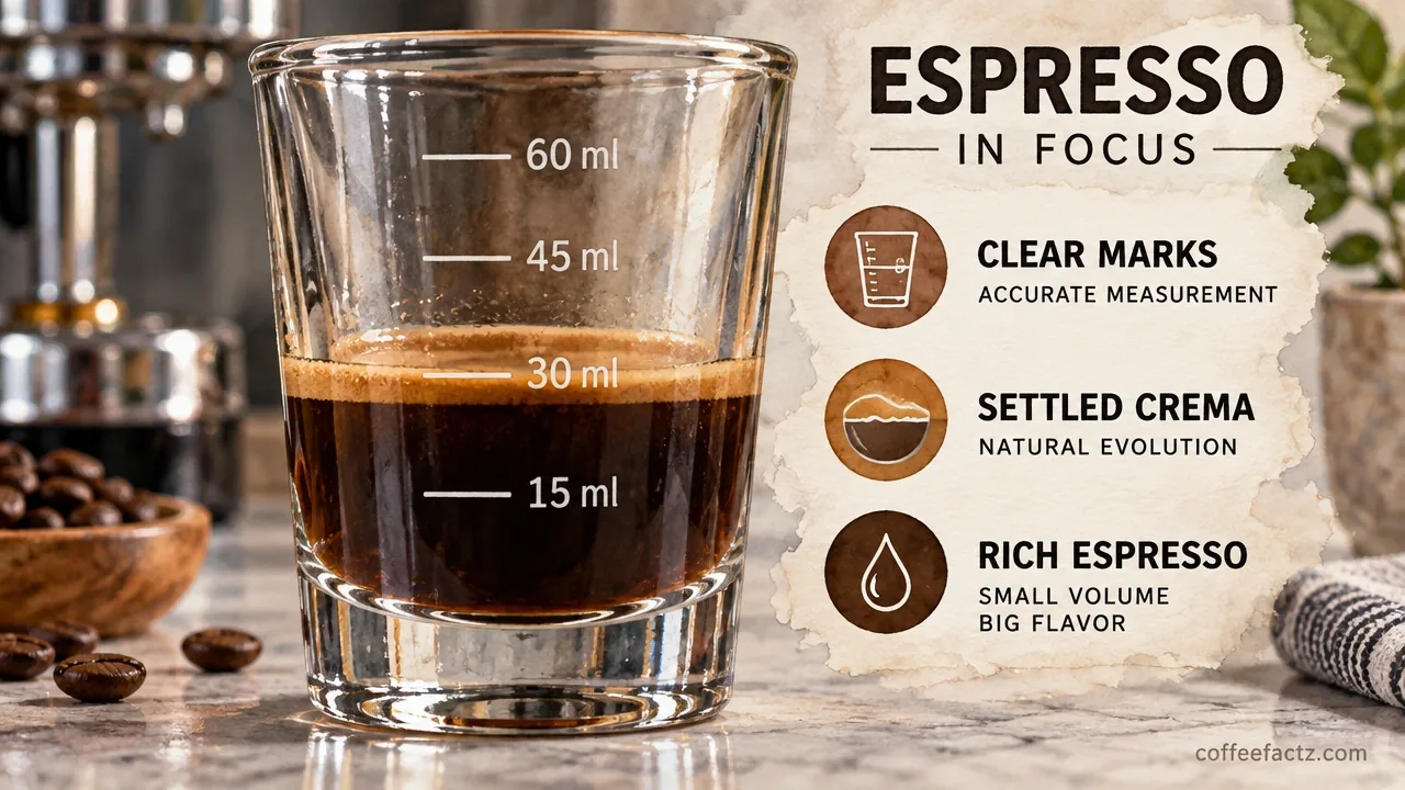 Macro photo of calibration marks on a shot glass showing settled espresso and collapsed crema at the line.