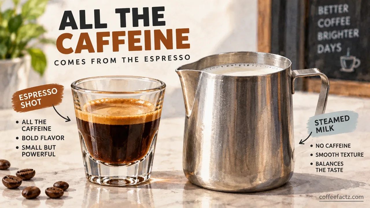 Macro photo of an espresso shot beside a steamed milk pitcher, showing caffeine originates in the shot glass.