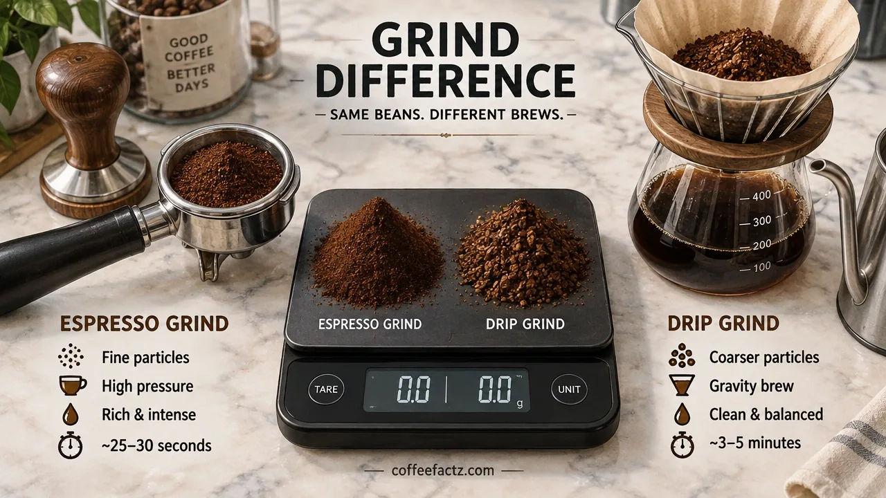 Overhead documentary photo of espresso and drip coffee grinds side by side on a digital scale with tamper and brewer setup