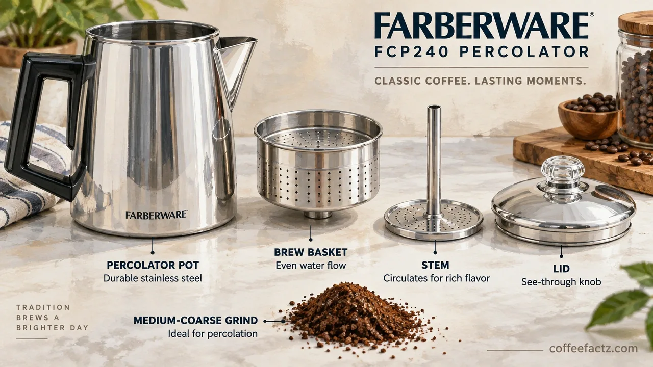 The Best 4-Cup Coffee Pots, Tested Against the Physics of Small-Batch Brewing 16 Farberware FCP240 percolator basket, stem, and lid disassembled beside medium-coarse coffee grounds in bright studio lighting.
