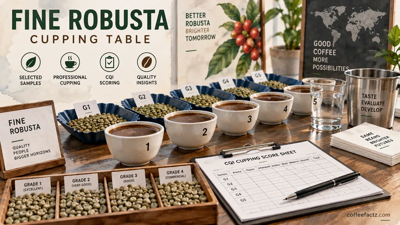 Robusta Coffee: The Botanical, Chemical, and Fine Robusta Revolution You Need to Understand 11 Fine Robusta cupping table with CQI scoring sheets, clean glassware, and graded green samples in bright studio light.