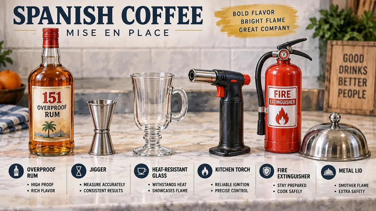 Spanish coffee mise en place: overproof rum, jigger, heat-resistant glass, torch, fire extinguisher, metal lid.