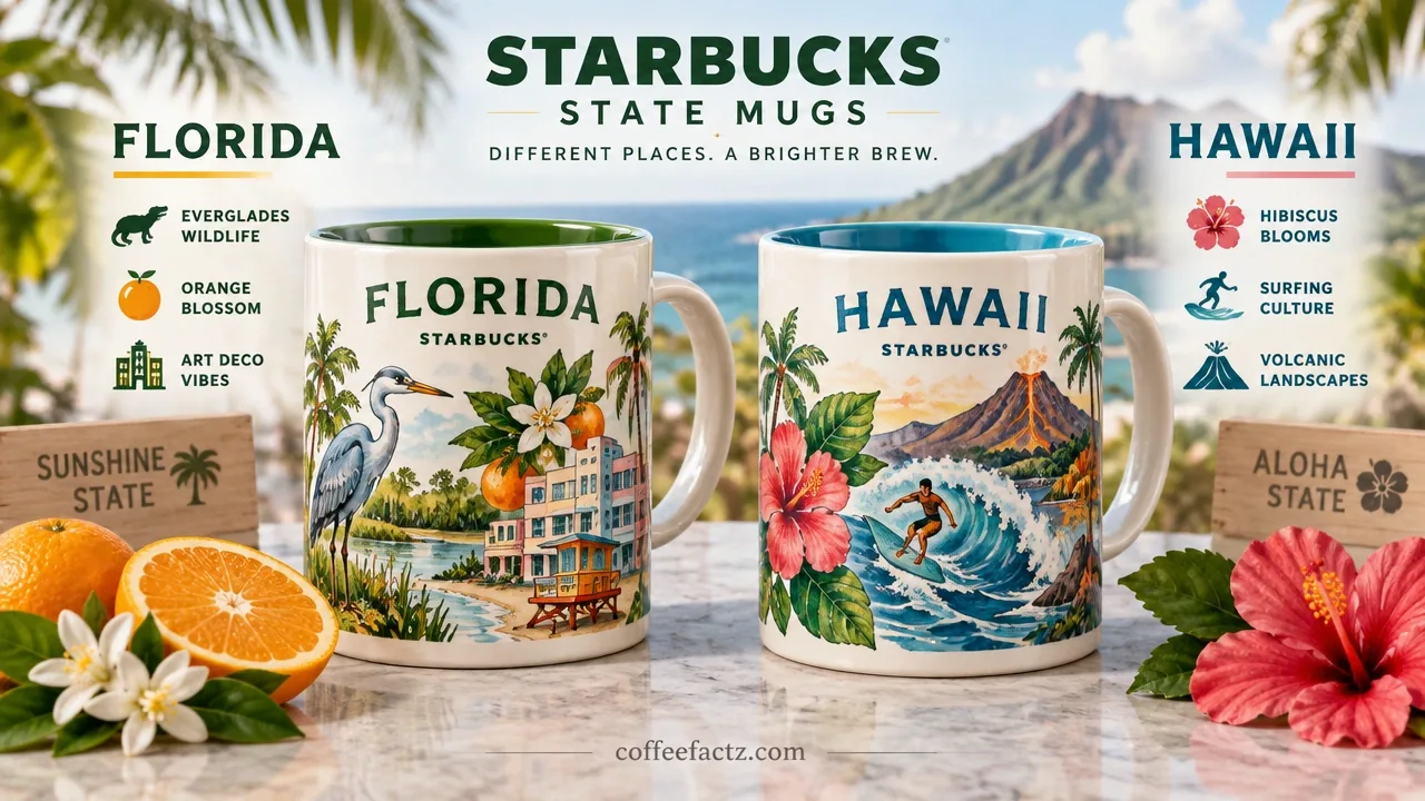 Side-by-side Florida and Hawaii Starbucks mugs with Everglades, orange blossom, Art Deco, hibiscus, surfing, volcanic motifs.