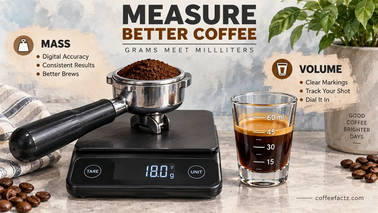 Digital gram scale and graduated shot glass beside portafilter illustrate fluid ounces vs weight ounces in coffee measurement.
