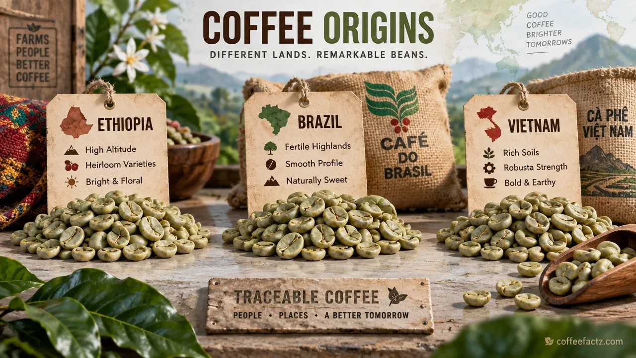 Macro still life of green coffee beans from Ethiopia, Brazil, and Vietnam beside labeled farm traceability tags.