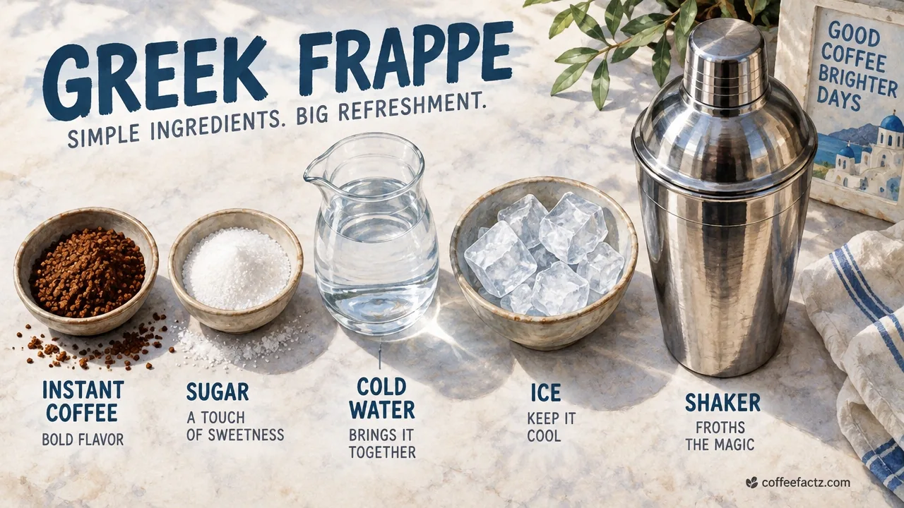 Frappe vs Latte: 10 Real Differences Between These Two Coffee Drinks 7 Overhead view of instant coffee granules, sugar, cold water, and ice beside a cocktail shaker for a Greek frappe.
