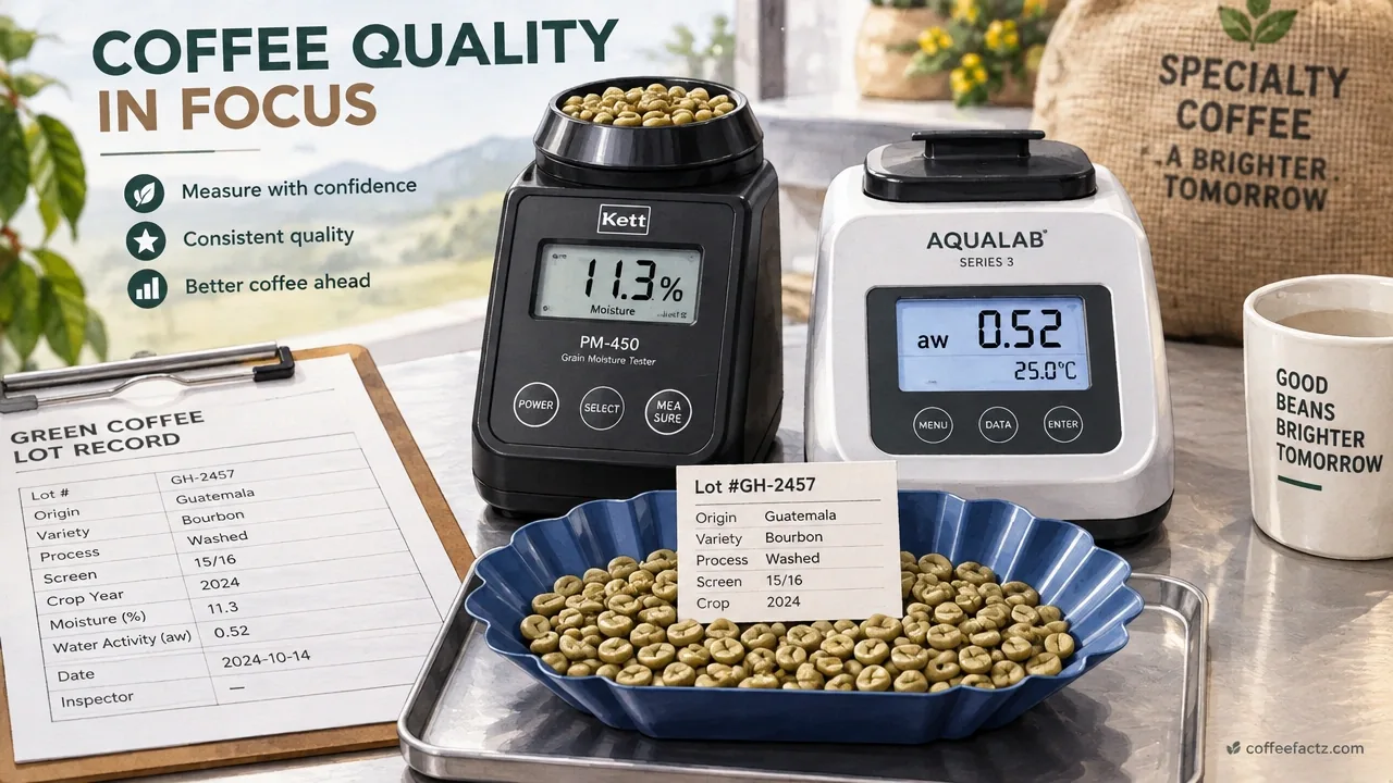 Calibrated moisture and water-activity meters testing green coffee beside lot documentation in a bright studio infographic.