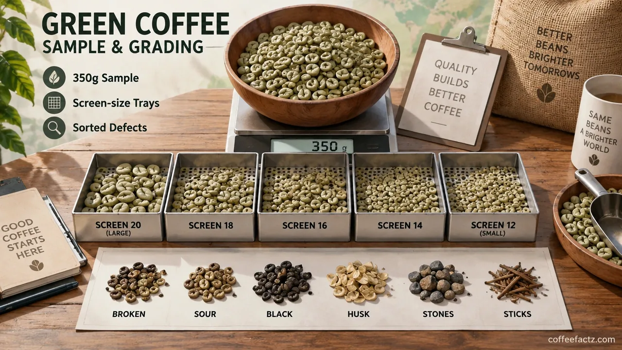 350g green coffee sample spread on a grading table with screen-size trays and sorted defect piles.