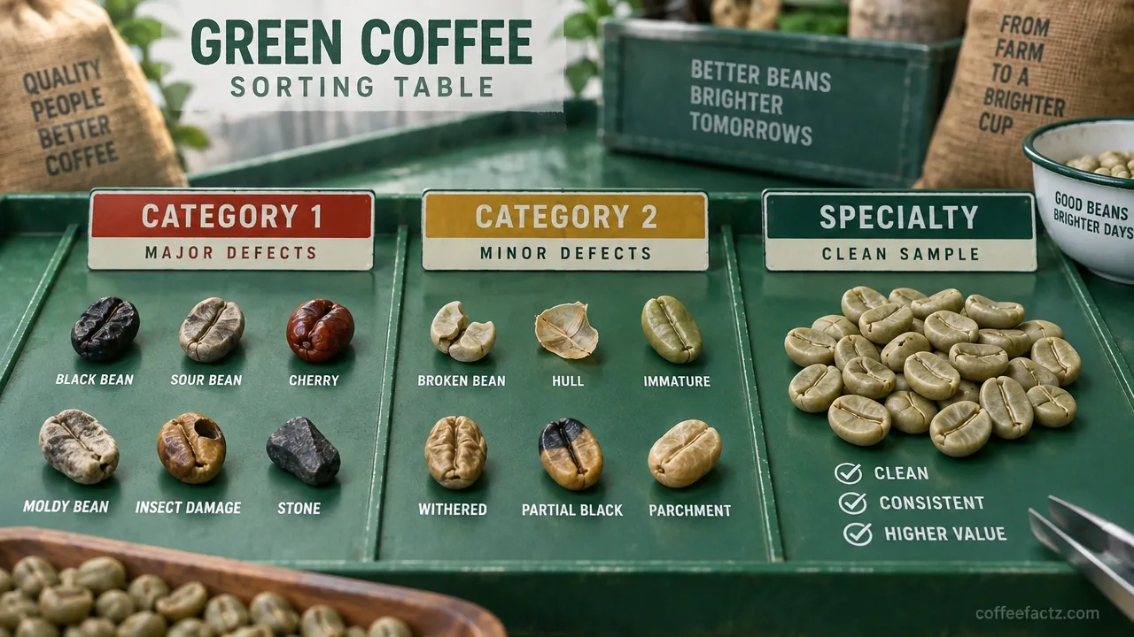 Macro documentary image of green coffee sorting table with Category 1 and Category 2 defects beside a clean specialty sample.