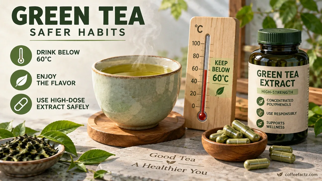 Brewed green tea, high-dose extract capsules, and a thermometer showing safe drinking temperature below 60°C.