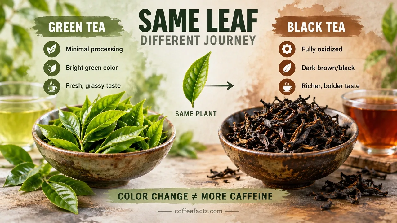 Macro photo of green tea leaves beside oxidized black tea leaves, showing processing color change, not caffeine.