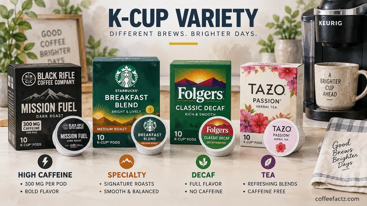 High-caffeine and specialty K-Cup pods beside decaf and tea pods with visible caffeine claims in a bright studio shot.