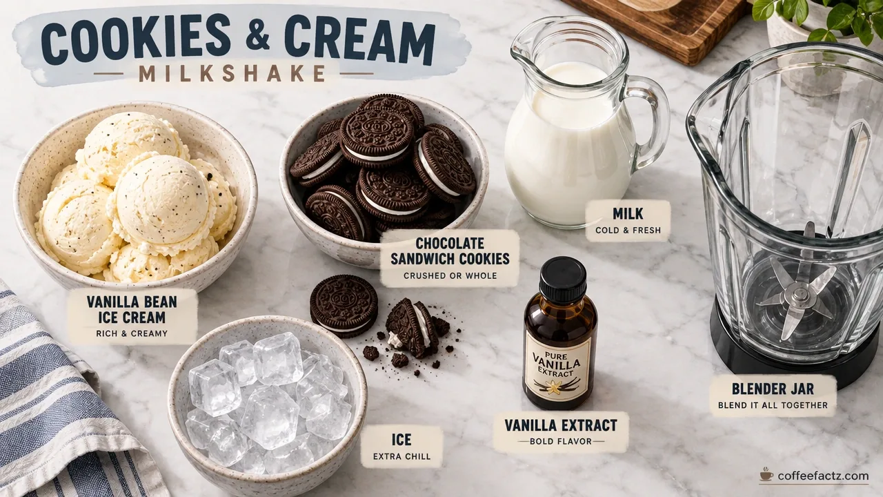 Flat-lay of vanilla ice cream, chocolate cookies, milk, vanilla extract, ice, and blender jar for copycat recipe.