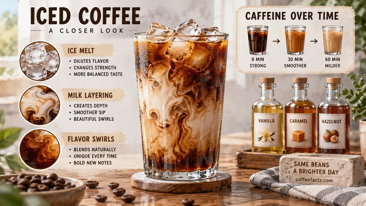 Dunkin Caffeine Content: The Complete Menu Chart for Every Drink and Size 11 Macro iced coffee with melting ice, layered milk, flavor swirl bottles, and infographic labels on customization.