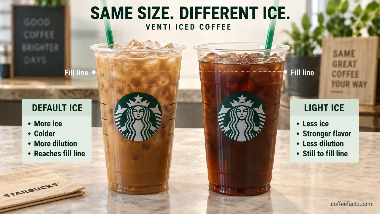 Two iced Venti cups side by side comparing default ice and light ice, showing fill line and dilution differences.