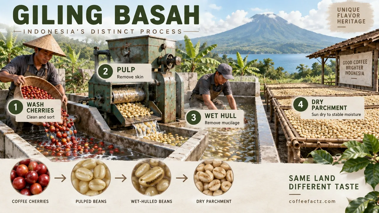 3D watercolor infographic of Indonesia giling basah wet-hulled parchment processing and drying setup.