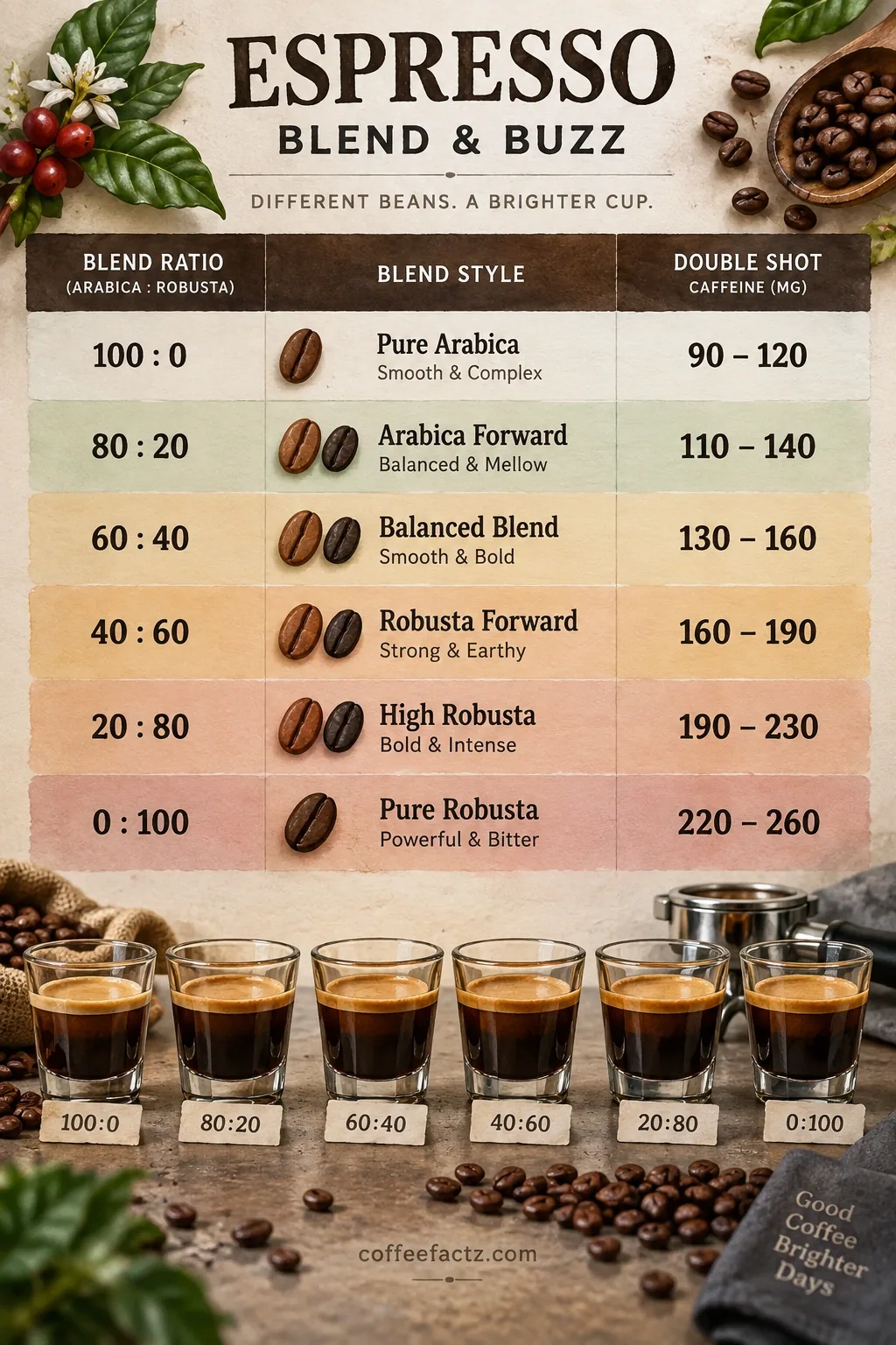 Comparison table of Arabica-forward to Robusta-heavy coffee blend ratios and double-shot milligram bands.