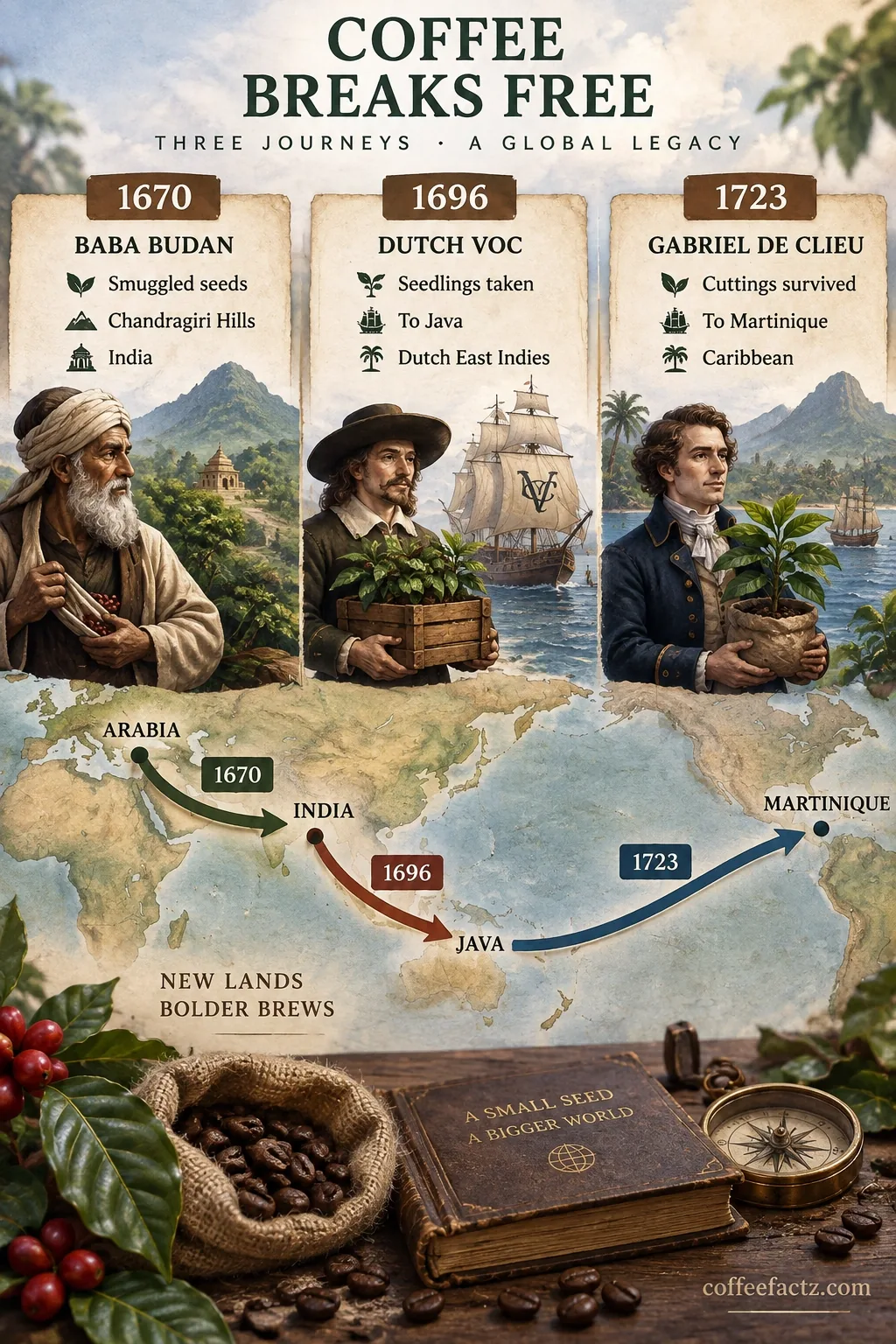 Timeline map of Arabica smuggling: Baba Budan to Chandragiri 1670, Dutch VOC to Java 1696, de Clieu to Martinique 1723.