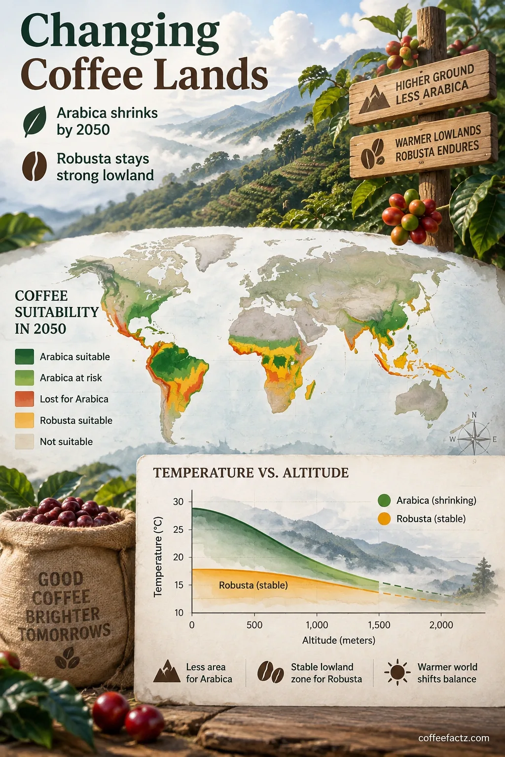 Robusta Coffee: The Botanical, Chemical, and Fine Robusta Revolution You Need to Understand 10 Suitability map and temperature-altitude curve projecting Arabica zone loss by 2050 vs stable Robusta lowland belts.