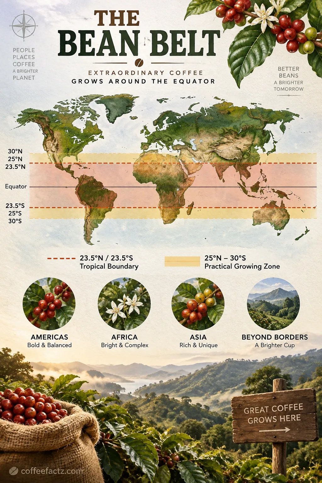World map of the Bean Belt comparing 23.5°N/S tropical limits with the 25°N–30°S coffee microclimate extension.
