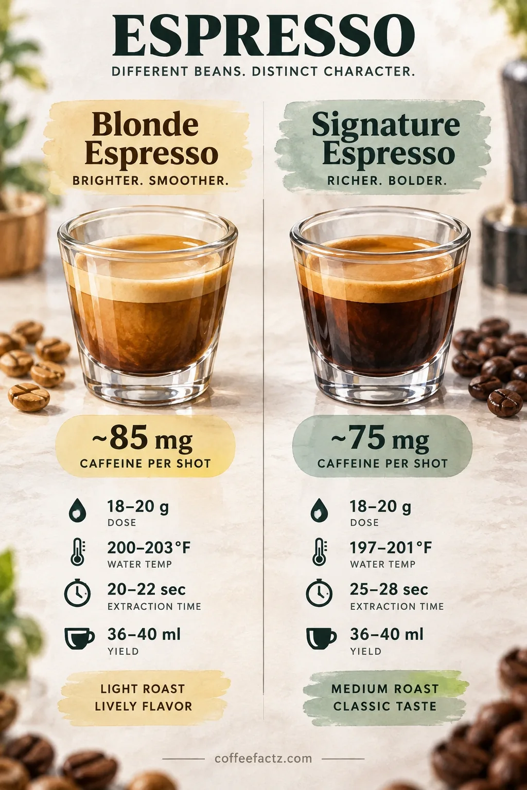 Side-by-side shot-dose diagram of Blonde Espresso at ~85 mg and Signature Espresso at ~75 mg, with extraction parameter annotations.