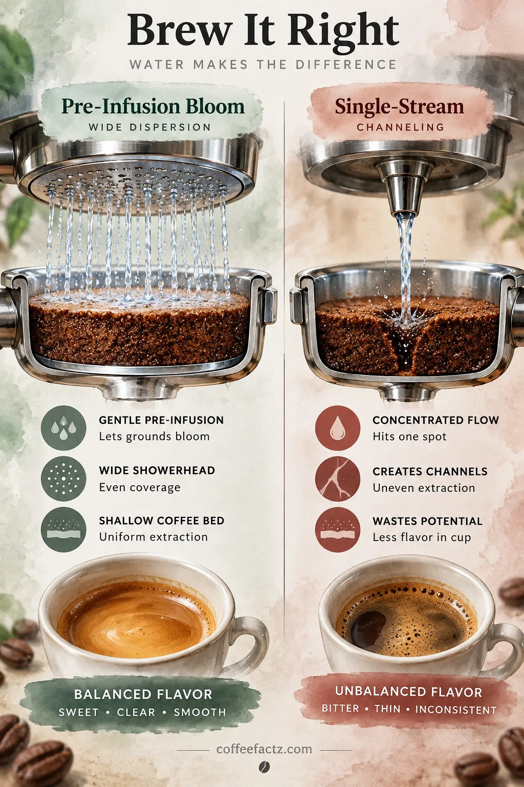 The Best 4-Cup Coffee Pots, Tested Against the Physics of Small-Batch Brewing 21 3D infographic: pre-infusion bloom and wide showerhead dispersion vs single-stream channeling in shallow coffee bed.