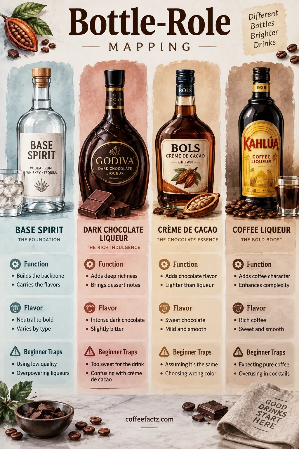 Infographic of base spirit, dark chocolate liqueur, crème de cacao, and coffee liqueur by role, flavor, and buying traps.