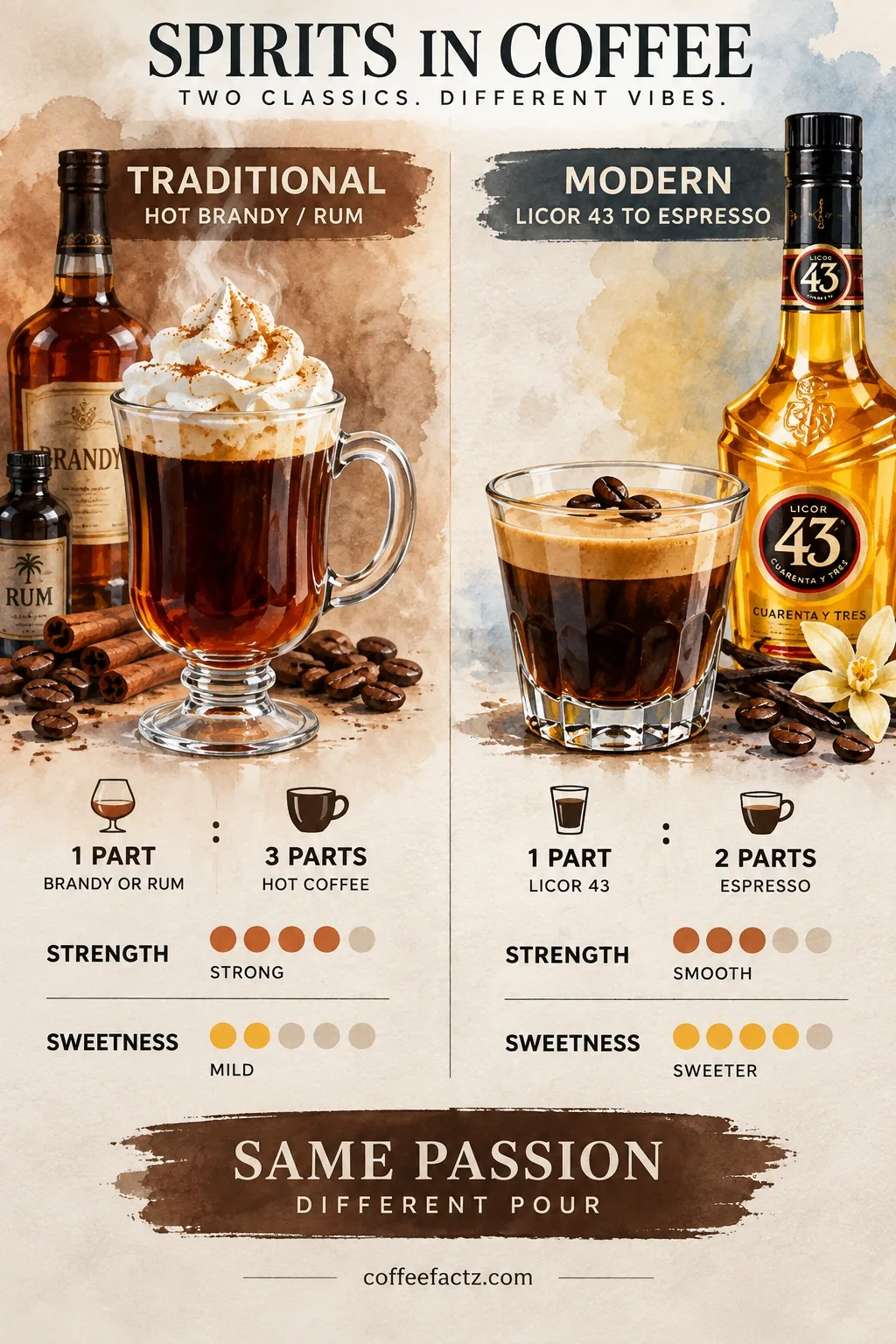 Ratio comparison: traditional brandy/rum-to-coffee vs. modern Licor 43 espresso, with strength and sweetness indicators.