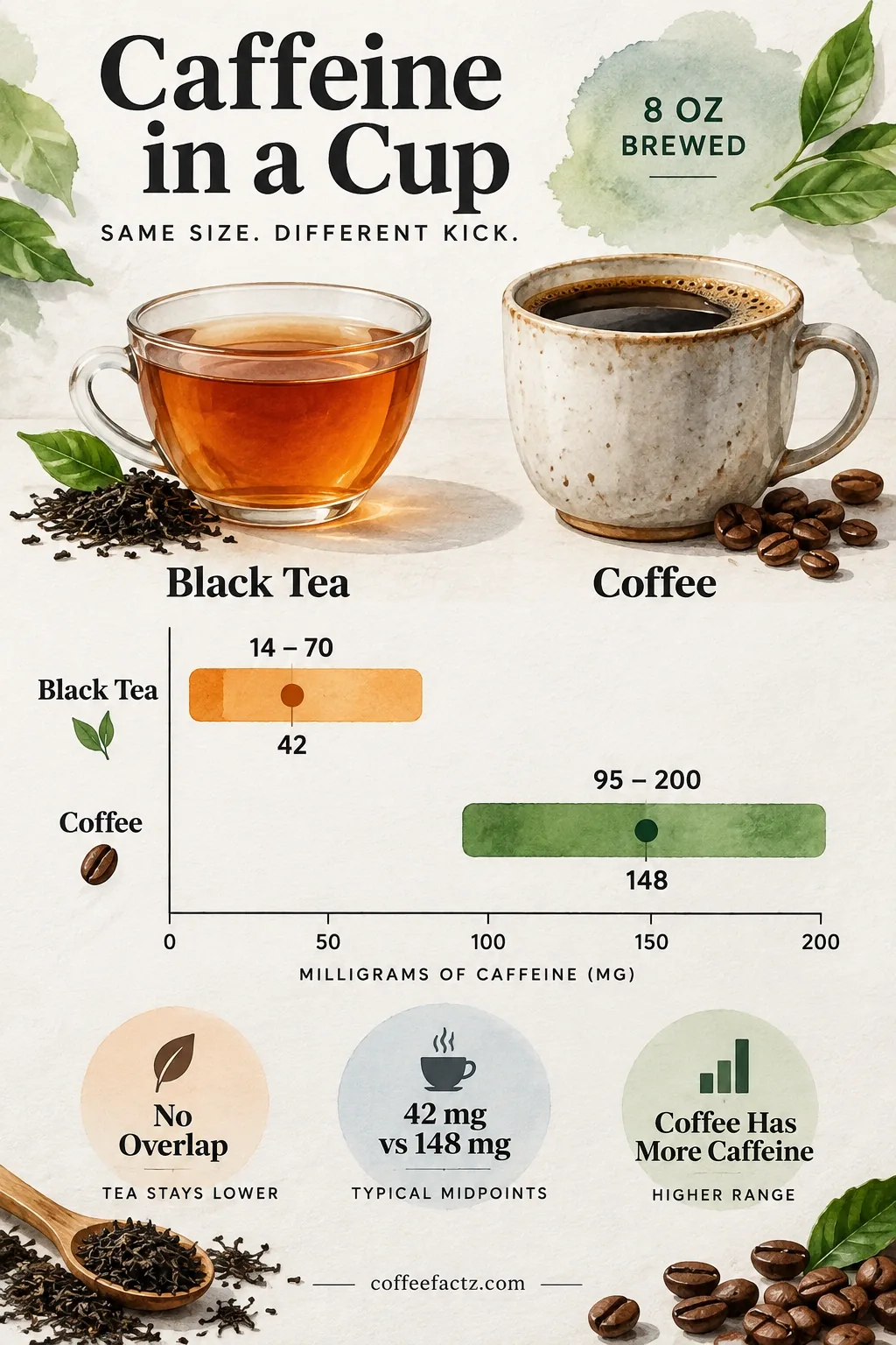 Range-bar chart comparing caffeine mg per 8 oz for brewed tea vs coffee, with midpoints and non-overlap highlighted.