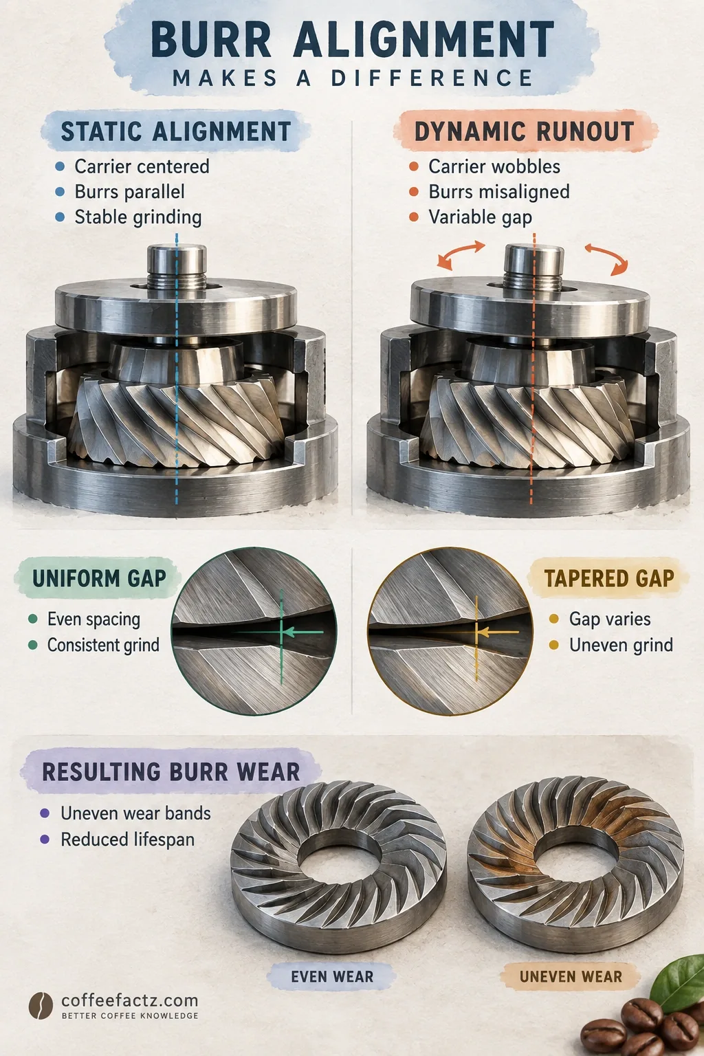 Infographic comparing static burr-carrier alignment with dynamic runout, uniform vs tapered gaps, and uneven burr wear bands.