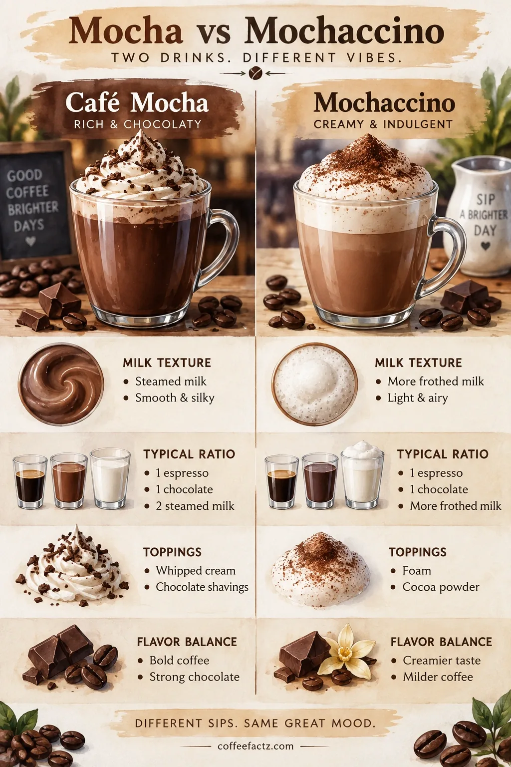 Side-by-side infographic comparing cafe mocha and mochaccino milk texture, ratios, toppings, and flavor balance.
