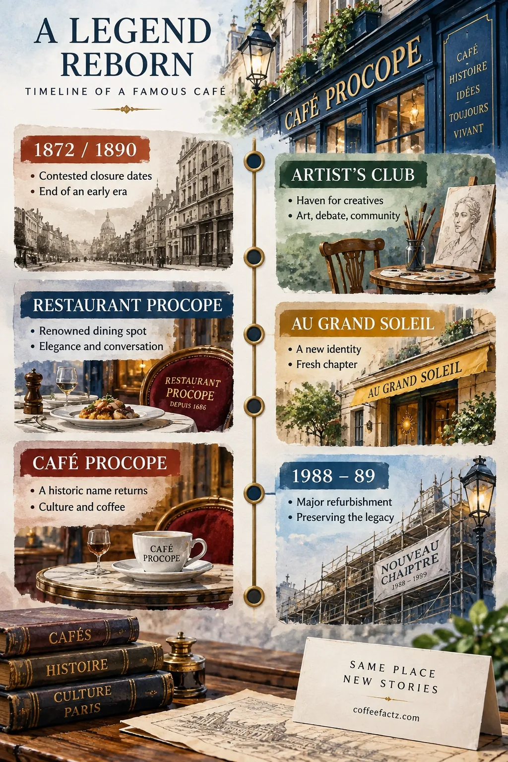 Timeline infographic showing contested closure dates and reinventions of Cafe Procope from 1872 to 1989.