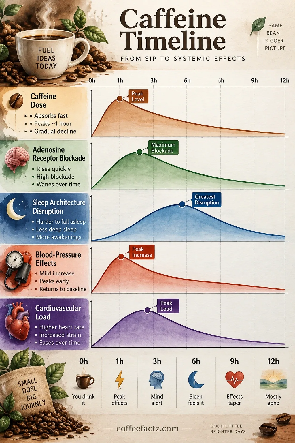 3D watercolor infographic mapping caffeine dose timeline against adenosine blockade, sleep, blood pressure, and heart load.
