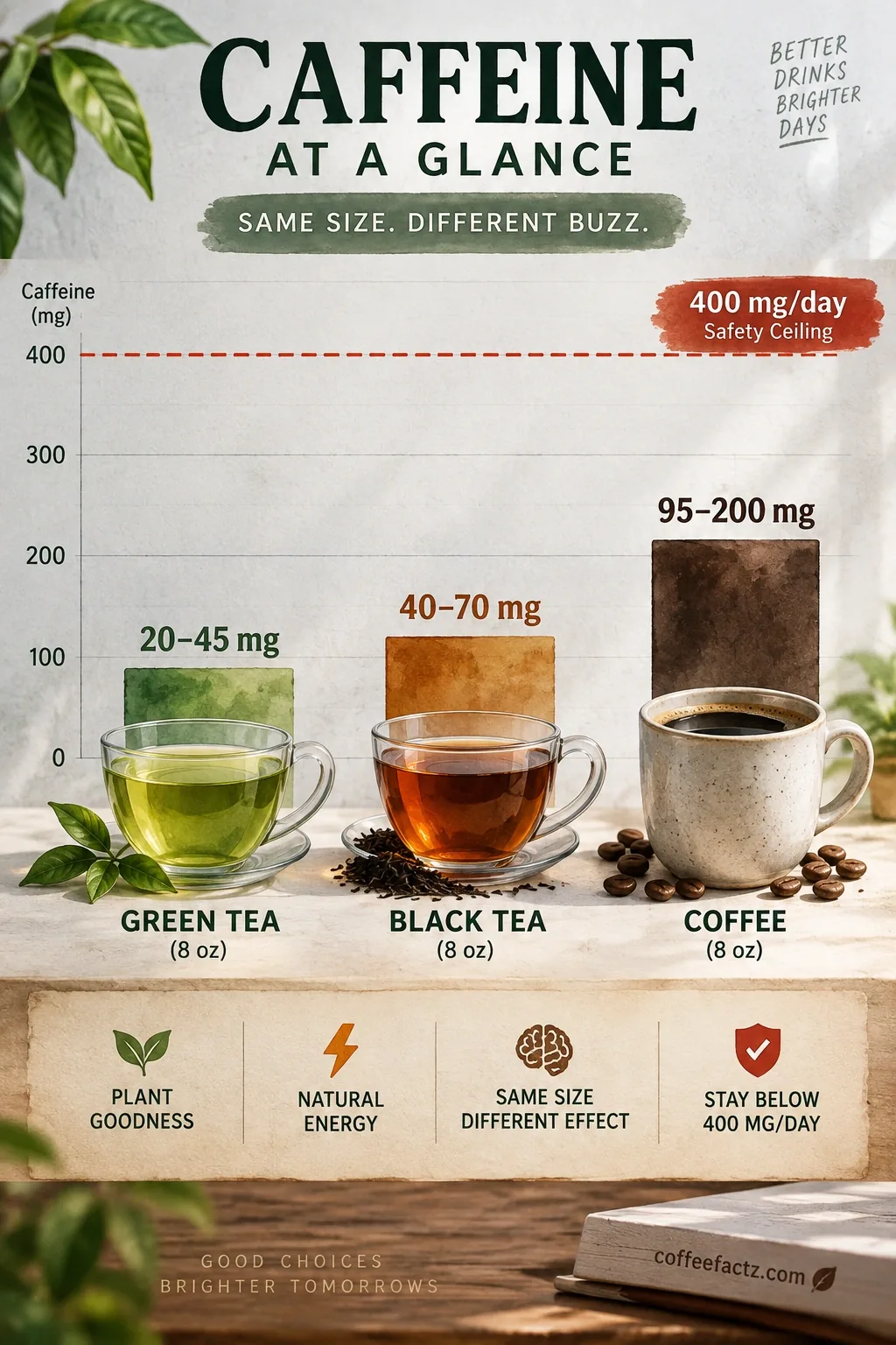 Side-by-side chart comparing caffeine in 8 oz green tea, black tea, and coffee with ranges and 400 mg daily safety limit.