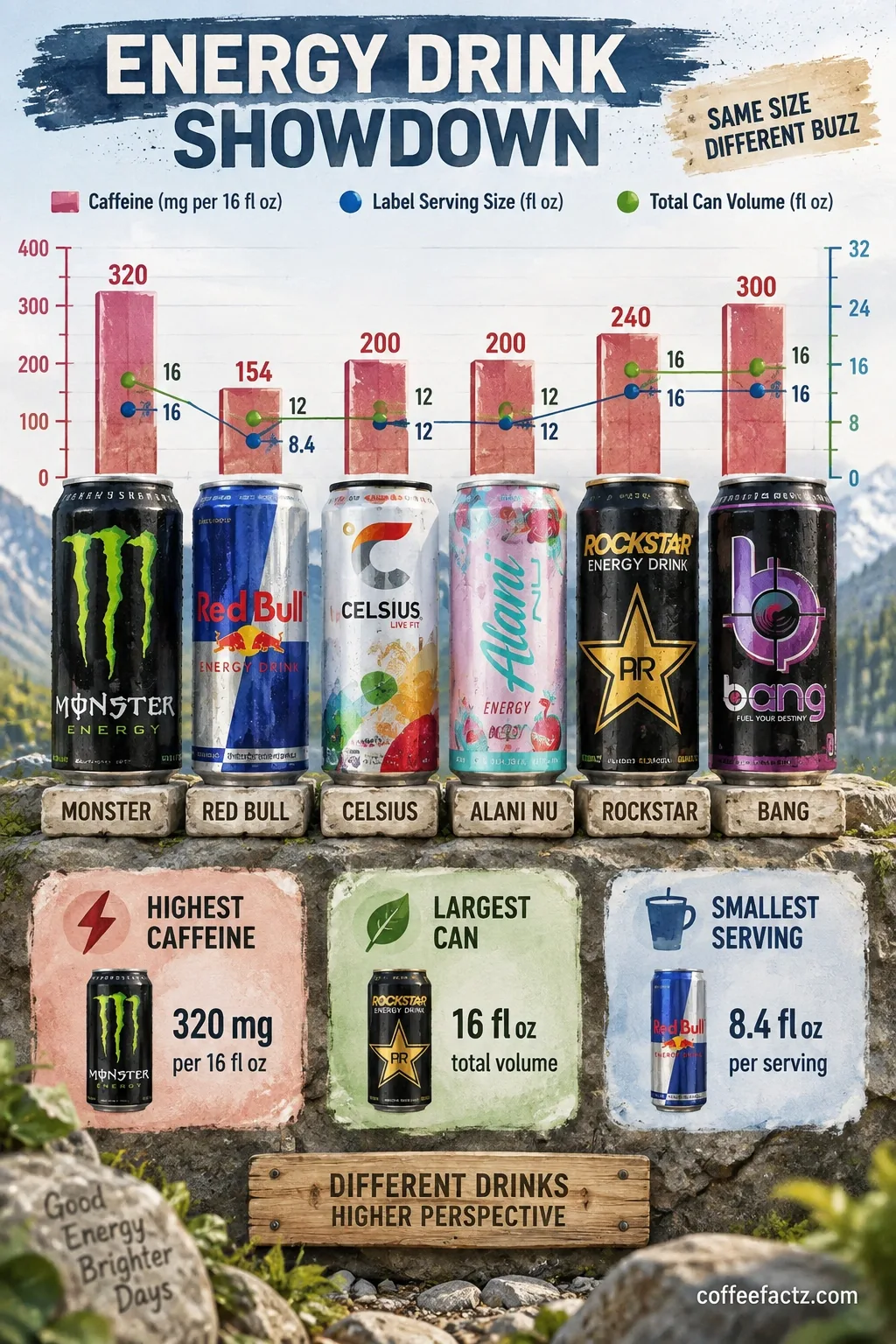 Infographic comparing caffeine mg per 16 fl oz, label serving sizes, and total can volume across common energy drinks.