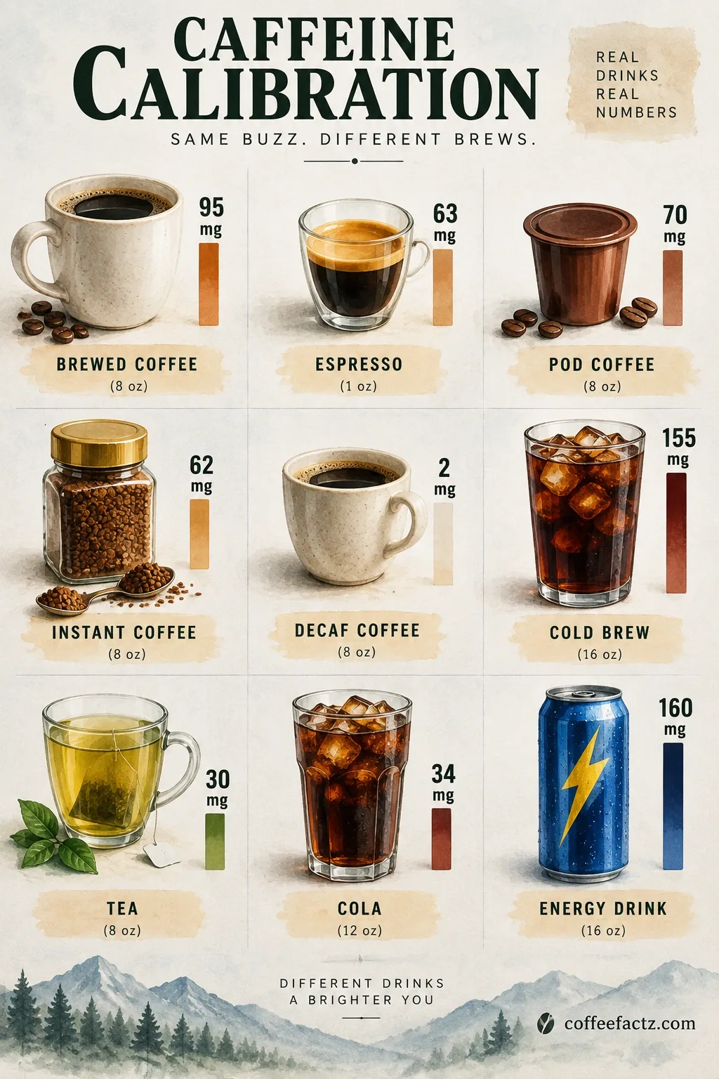 Caffeine per serving chart comparing brewed coffee, espresso, pods, instant, decaf, cold brew, tea, cola, and energy drinks.